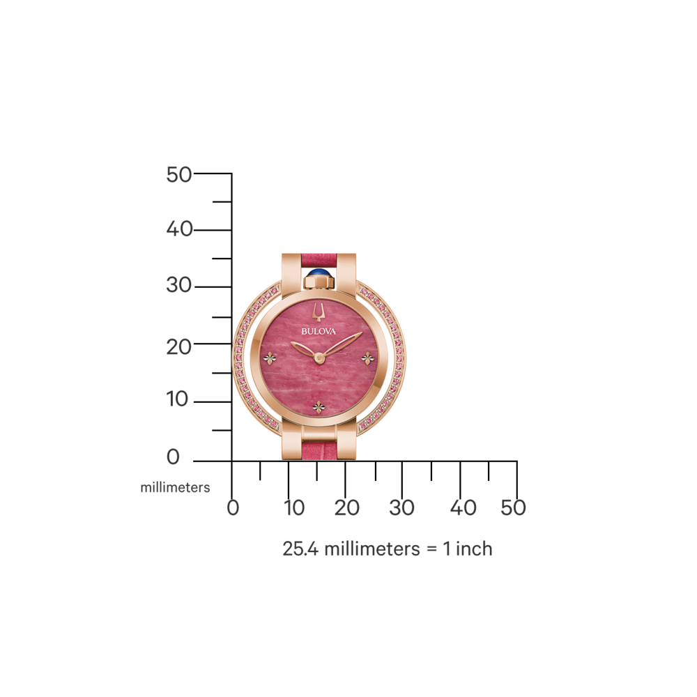 Uhr mit rosa Zifferblatt, rosa Armband und roségoldfarbenem Gehäuse, mit Messskala.