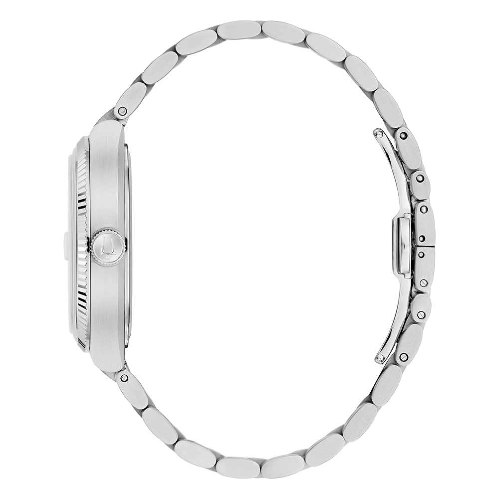 Ein silbernes Armbanduhrprofil auf weißem Hintergrund