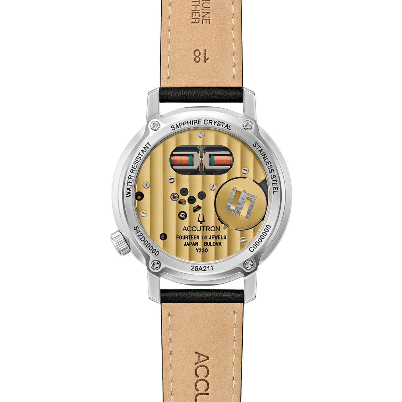 Rückseite einer goldenen Bulova Accutron Uhr mit Lederarmband