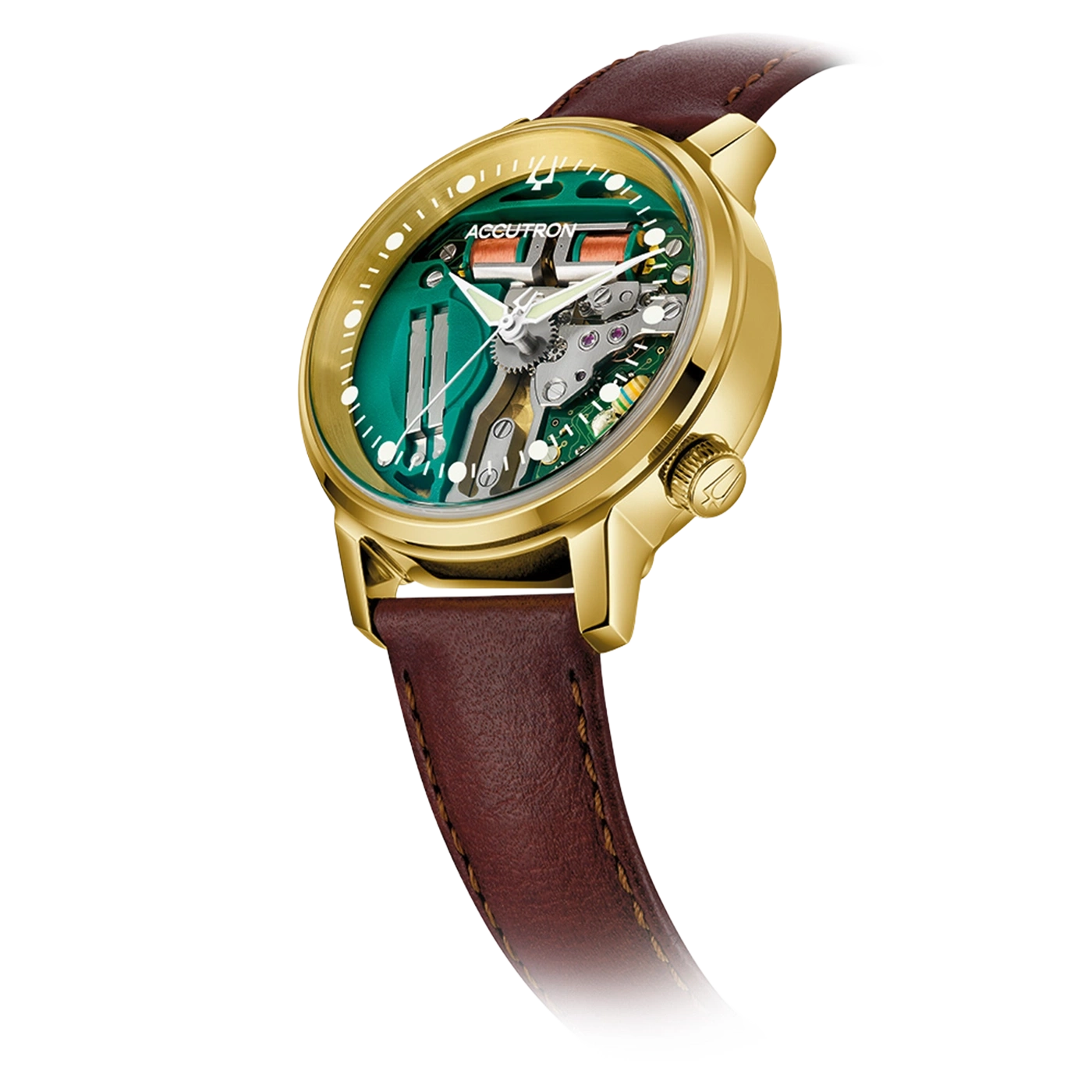 Goldene Accutron Uhr mit braunem Lederarmband und offenem Uhrwerk.