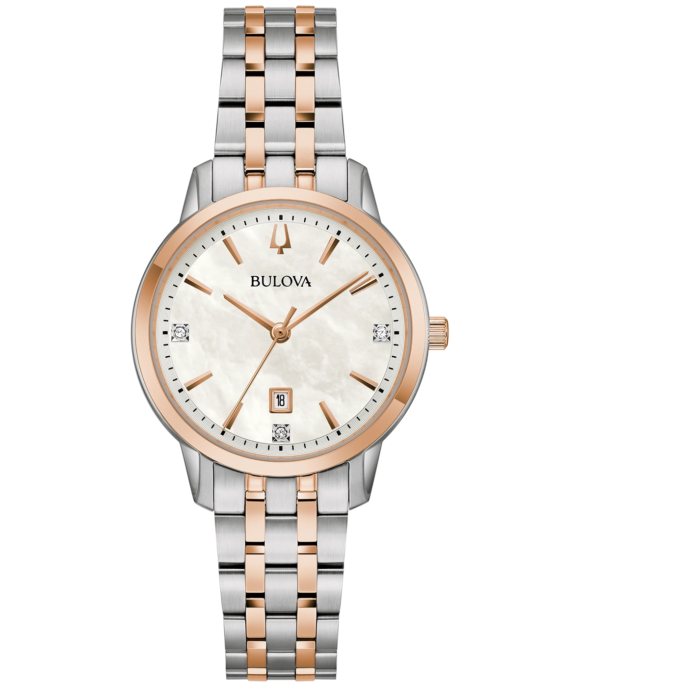 Bulova Damenuhr, silberfarbenes Gehäuse, roségoldfarbene Akzente, Perlmuttzifferblatt, Datum