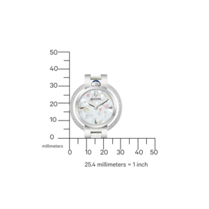Uhr mit Diamanten, Perlmutt-Zifferblatt, Bulova-Logo, Millimeter-Skala, 25,4 mm = 1 Zoll.