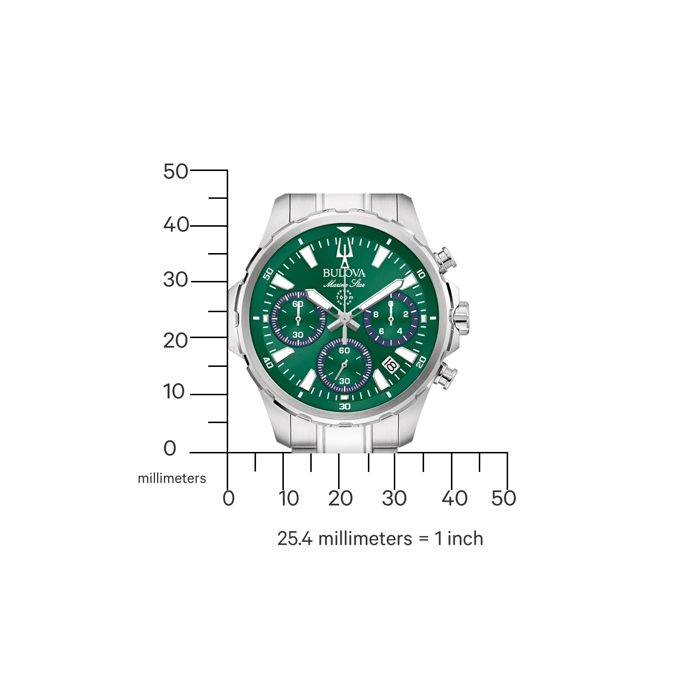 Bulova Marine Star Uhr, grün, silber, Chronograph, Millimeter, 25,4 mm = 1 Zoll.