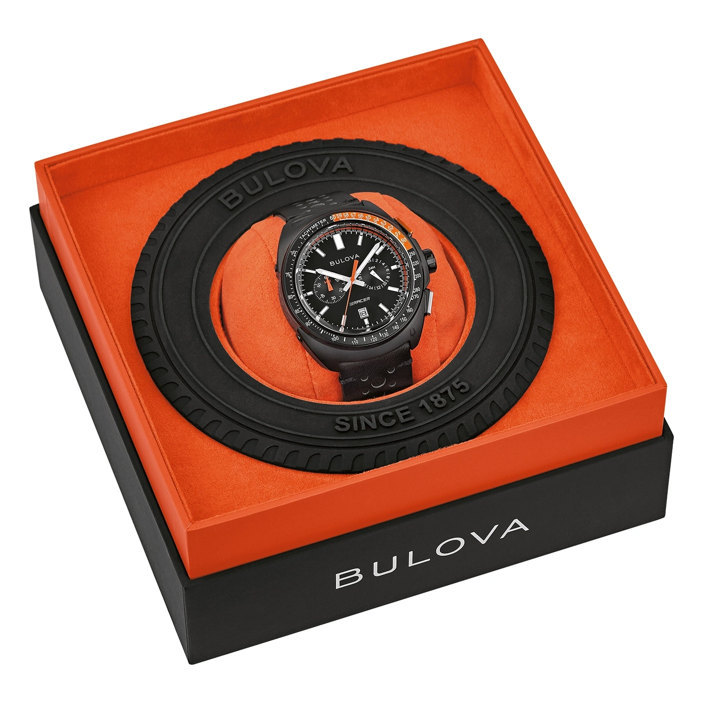 Bulova Uhr in einer Box, schwarz und orange, mit Tachymeter-Funktion.
