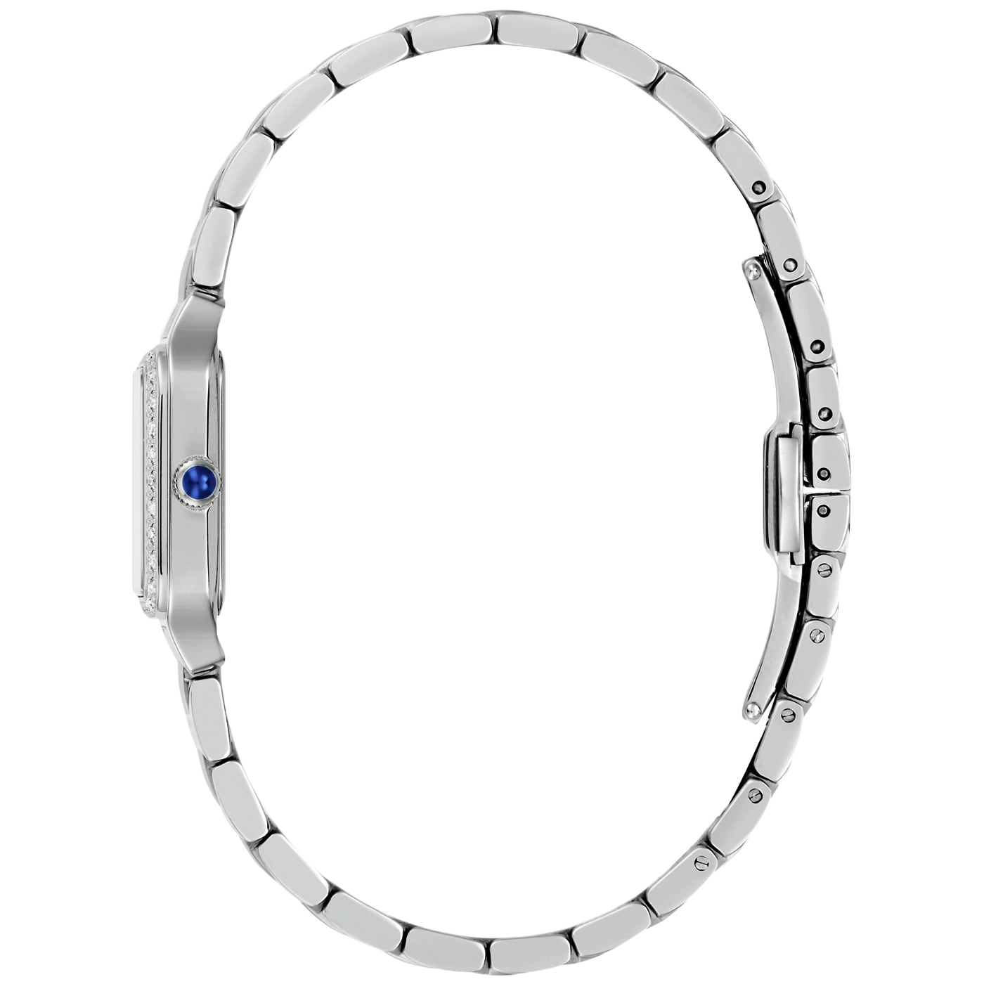 Eine silberne Damenuhr mit Diamanten und einem blauen Stein.