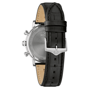 Schwarze Uhr mit Lederarmband und silberner Schnalle, Nahaufnahme