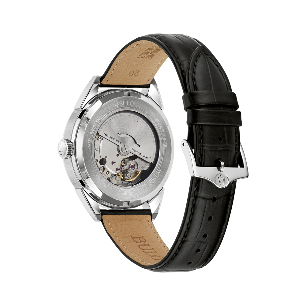 Bulova-Uhr, Edelstahl, Lederarmband, wasserdicht, japanisches Uhrwerk, 21 Juwelen.
