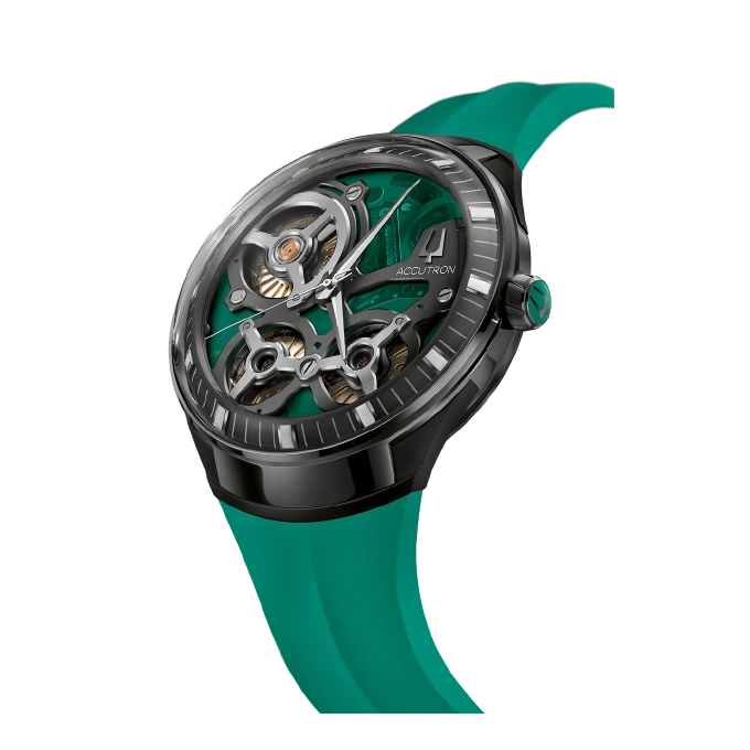 Schwarze Uhr mit grünem Zifferblatt und Armband, Accutron-Marke.