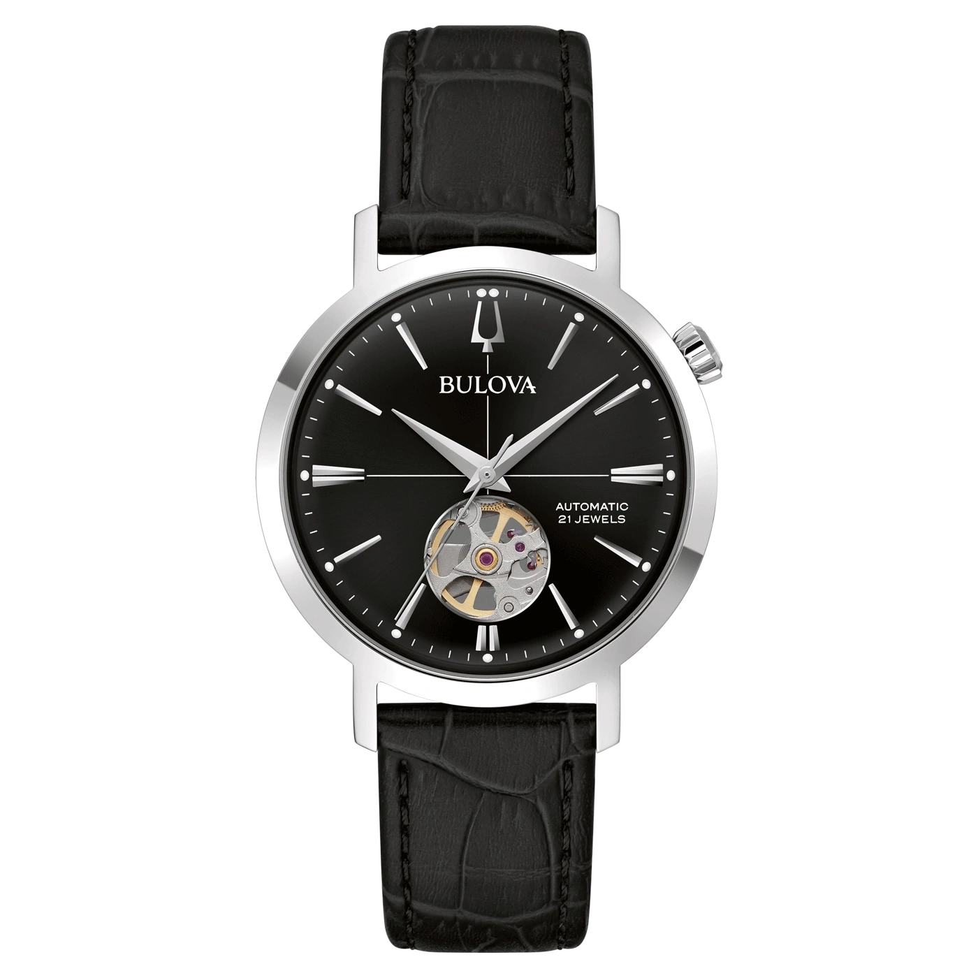 Bulova-Uhr mit schwarzem Zifferblatt und Lederarmband, Automatik, 21 Jewels
