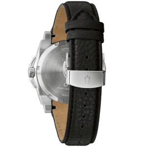 Uhr mit schwarzem Lederarmband und silbernem Gehäuse, Nahaufnahme