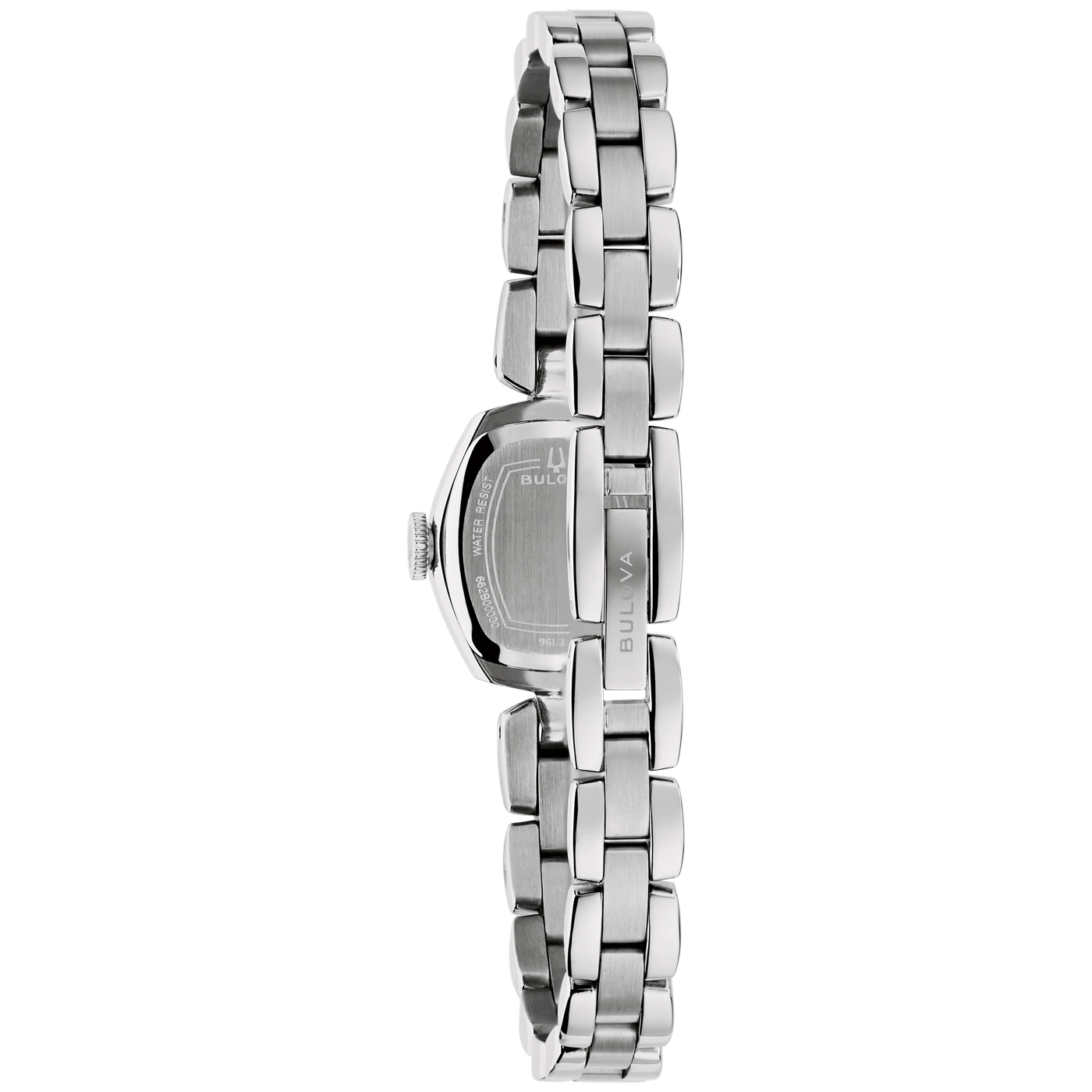 Eine Nahaufnahme der Rückseite einer silbernen Bulova-Damenuhr mit Armband und detaillierten Gravuren, die Wasserdichtigkeit anzeigen.