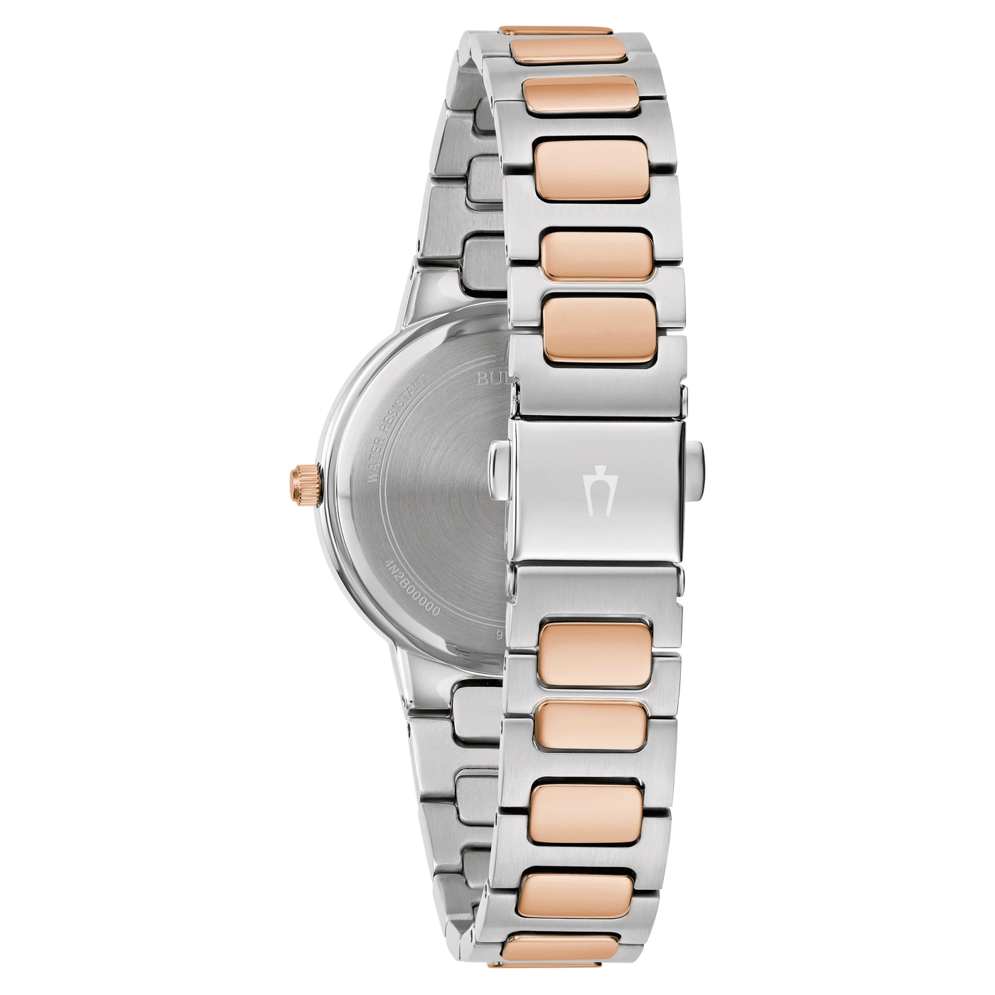 Uhr mit silbernem und roségoldfarbenem Armband, Nahaufnahme, Rückseite