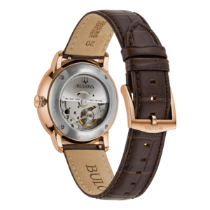 Bulova-Uhr mit braunem Lederarmband, Saphirglas, wasserdicht, 21 Juwelen.