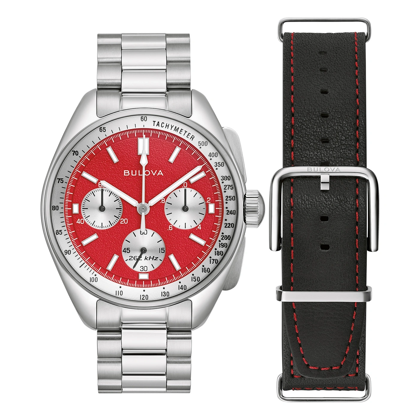 Bulova-Uhr mit rotem Zifferblatt und schwarzem Lederarmband mit roten Nähten.