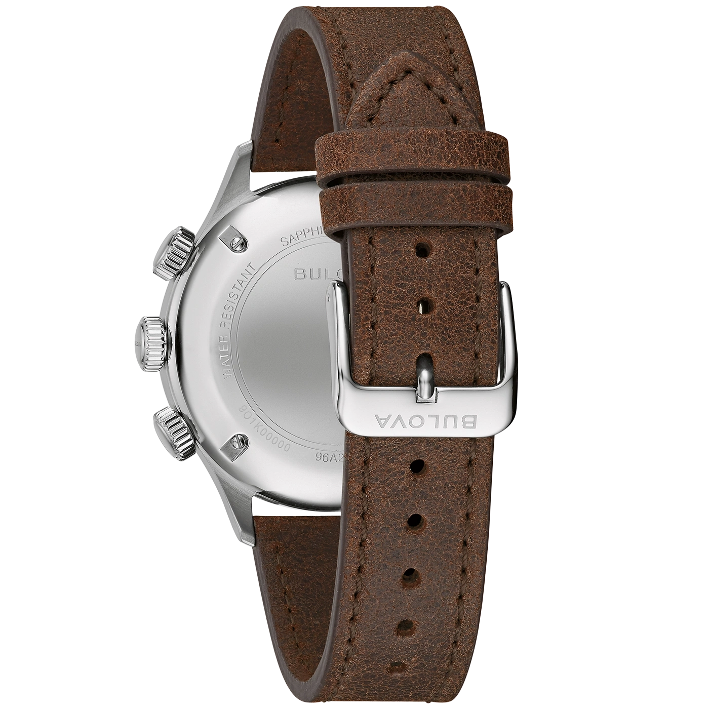 Bulova-Uhr mit braunem Lederarmband und silberner Schnalle, Nahaufnahme