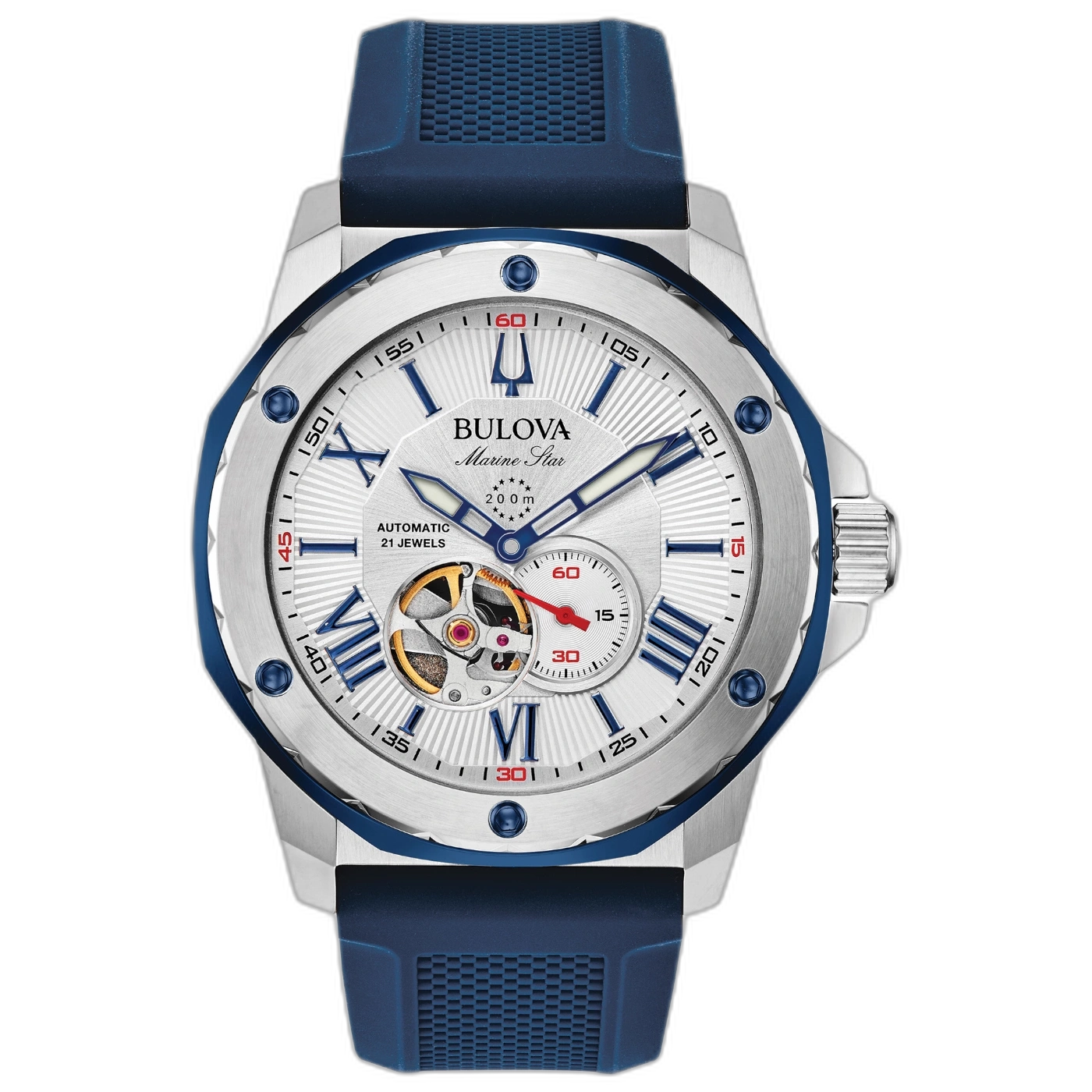 Bulova Marine Star Uhr, blaues Armband, silbernes Zifferblatt, Automatikwerk, 200m wasserdicht.