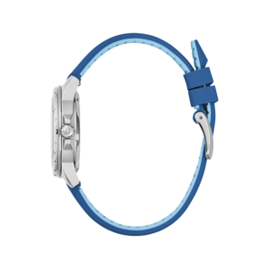 Uhr mit blauem Armband, Seitenansicht, silbernes Gehäuse, Detailaufnahme, Modeaccessoire