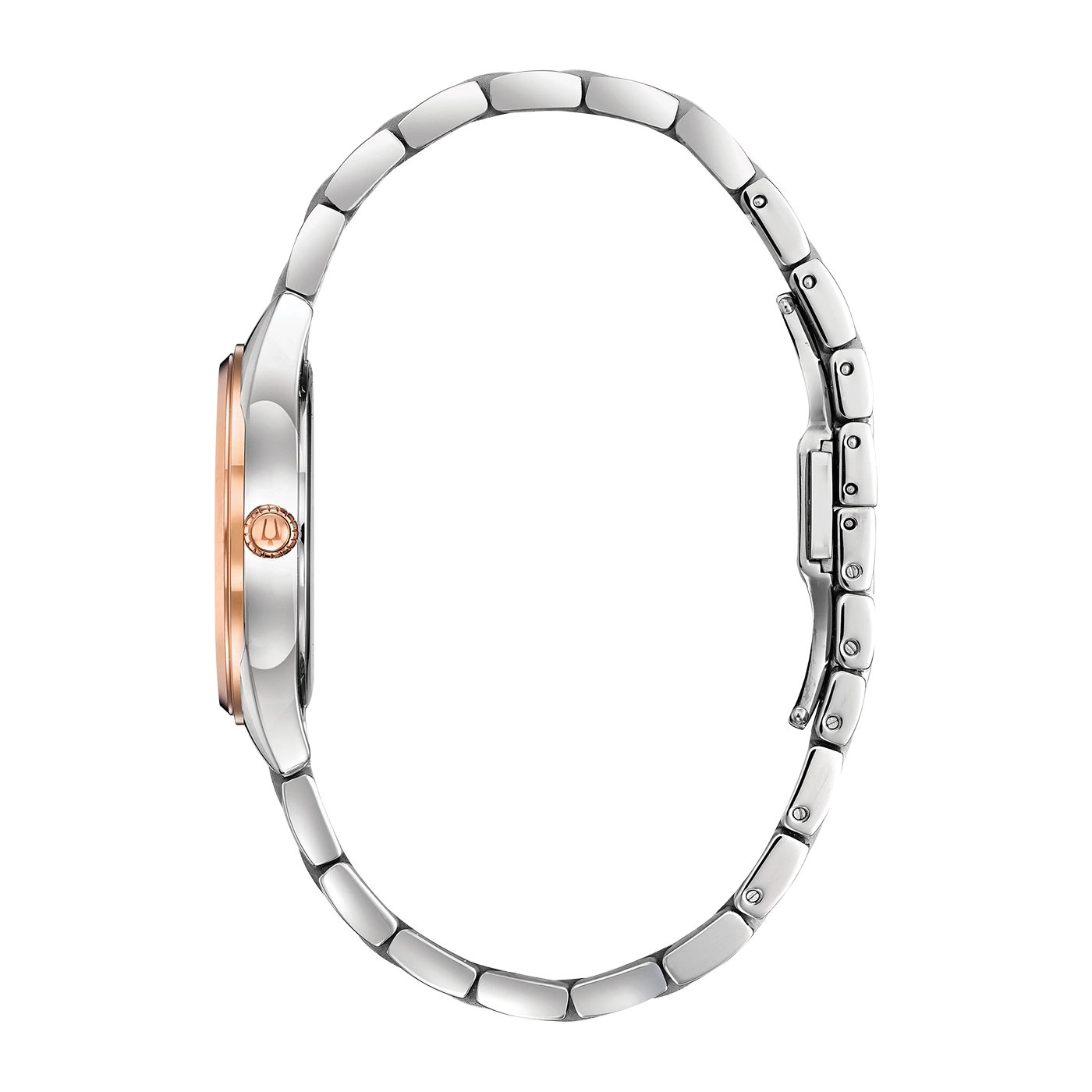 Uhr mit silbernem Armband und roségoldfarbenem Zifferblatt, Seitenansicht