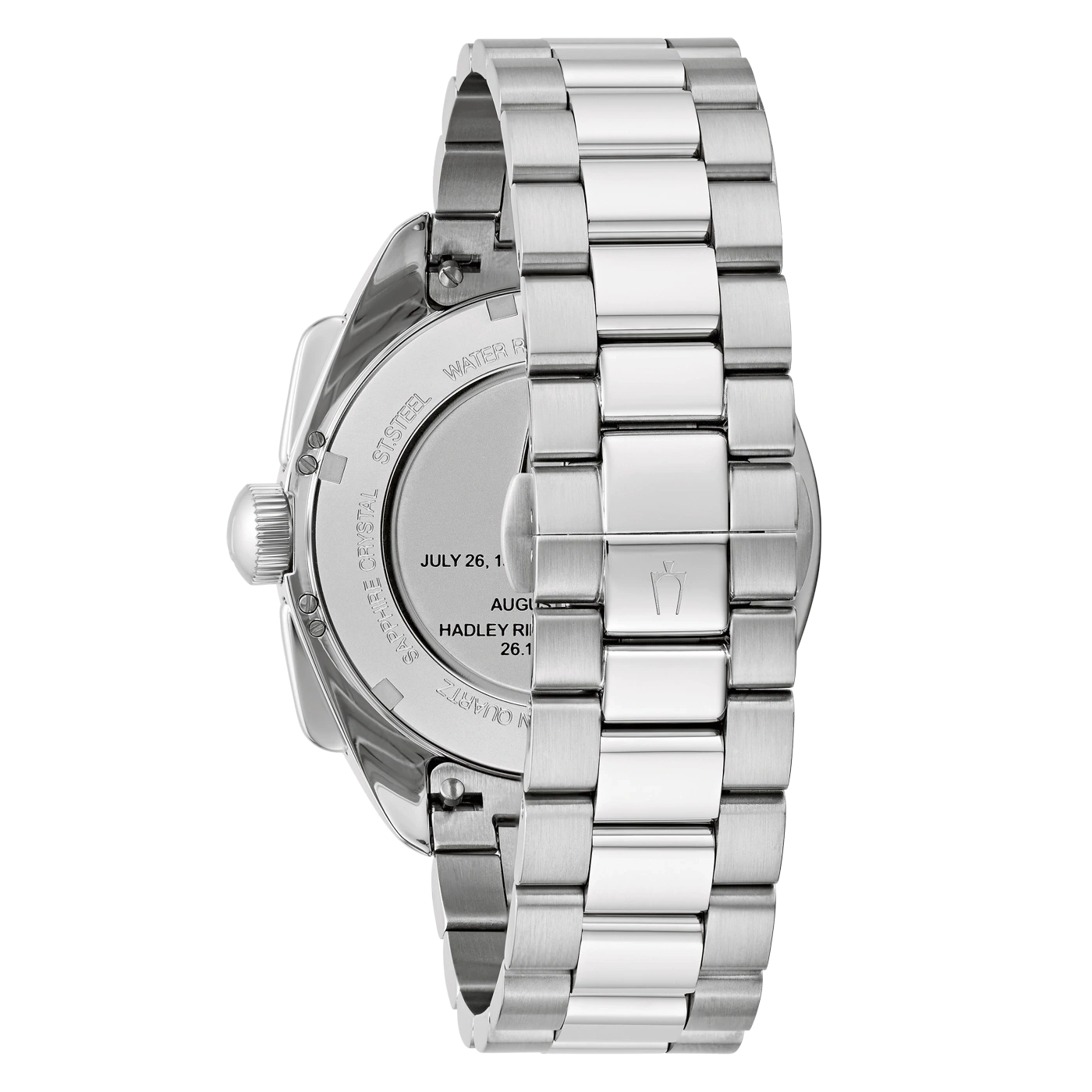 Uhr mit Metallarmband, Detailaufnahme des Zifferblatts und der Rückseite.