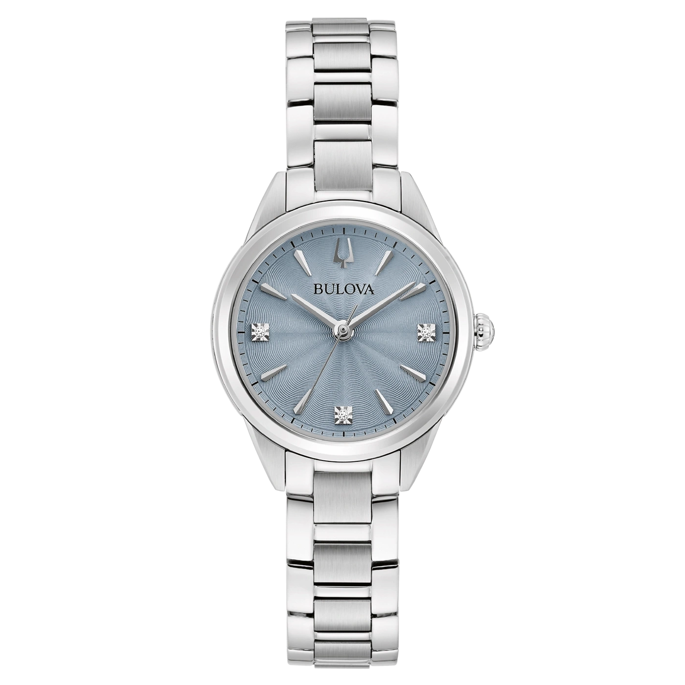 Bulova Damenuhr, silbernes Armband, blaues Zifferblatt, Diamanten, elegantes Design, Accessoire