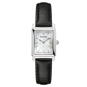 Bulova Damenuhr mit schwarzem Lederarmband und rechteckigem Zifferblatt