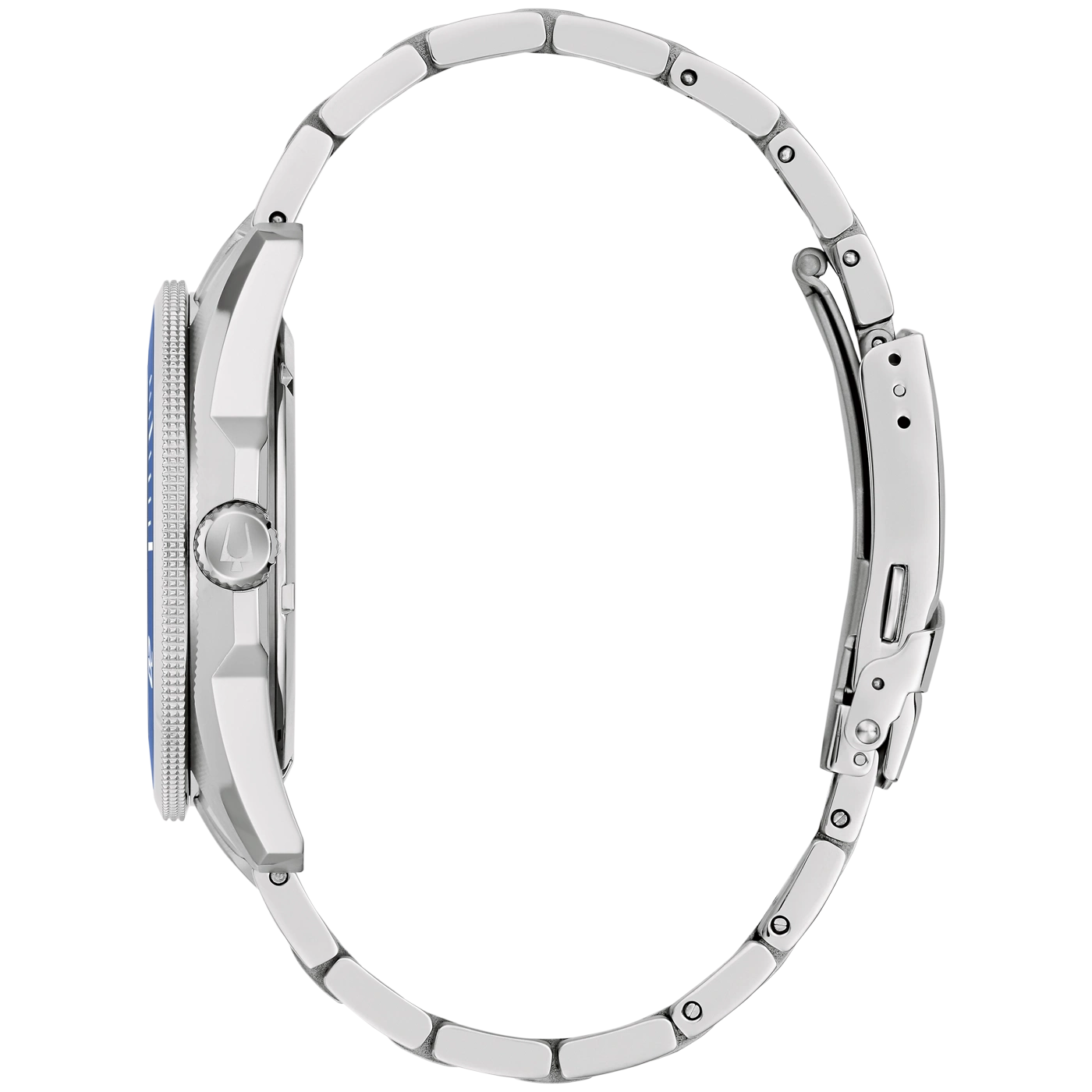 Seitenansicht einer silbernen Armbanduhr mit blauem Zifferblatt und silbernem Armband.