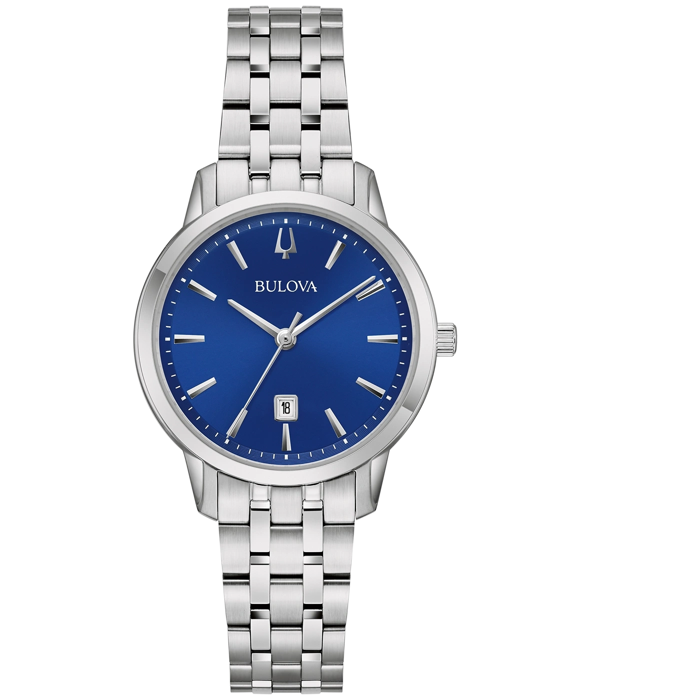 Bulova-Uhr mit blauem Zifferblatt und silbernem Armband, elegant.