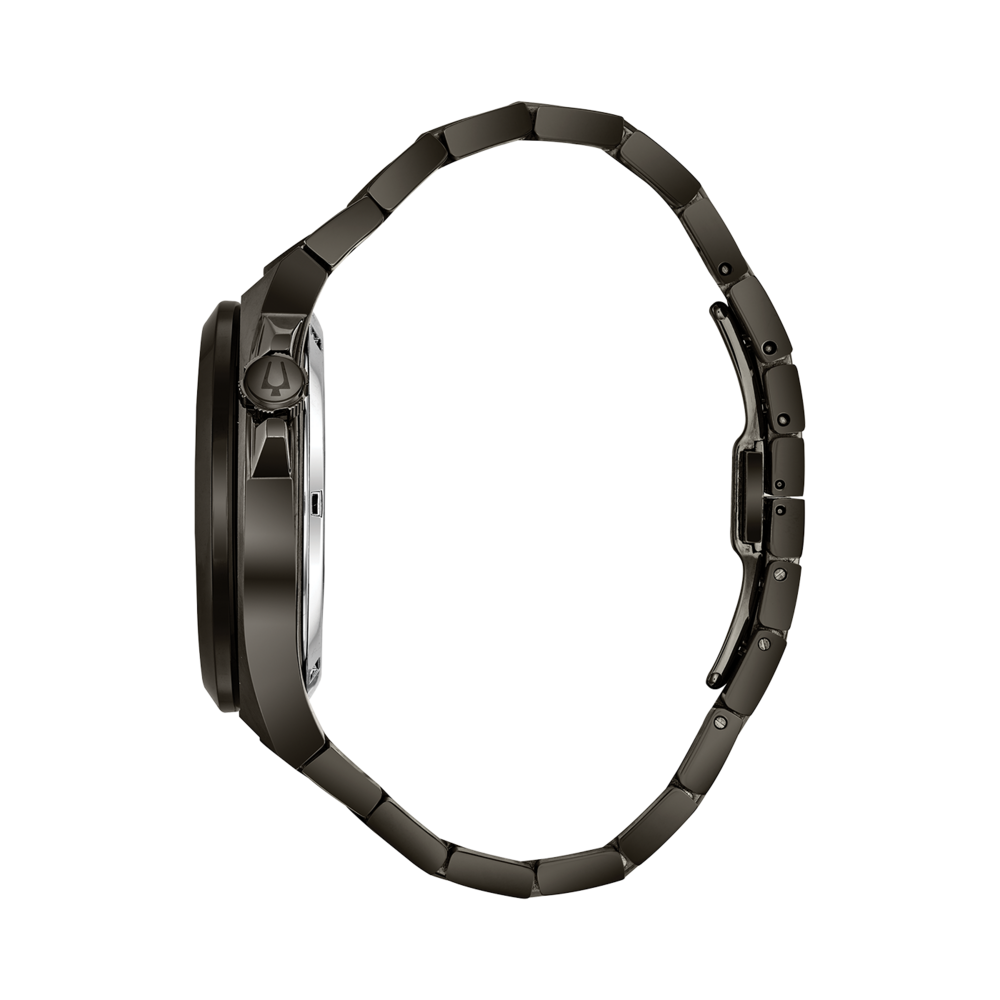 Schwarze Uhr mit Armband. Seitenansicht. Elegantes Design. Modernes Accessoire.