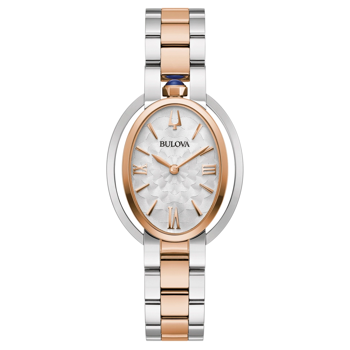 Bulova Damenuhr, silberfarbenes Zifferblatt, roségoldfarbene Akzente, Armband