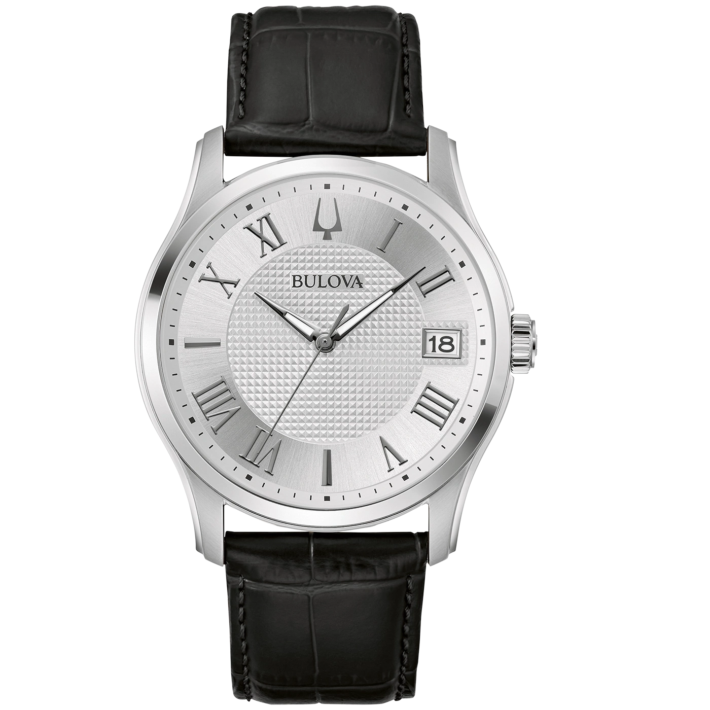 Bulova-Uhr mit silbernem Zifferblatt und schwarzem Lederarmband, Datum