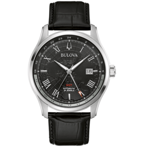 Bulova Uhr mit schwarzem Zifferblatt, Weltkarte, GMT, Automatik, 24 Jewels, Lederarmband