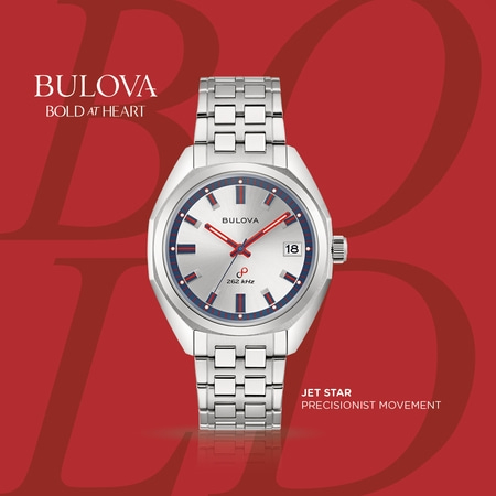 Bulova-Uhr, silbernes Zifferblatt, roter Zeiger, Datum, Jet Star, Präzisionswerk