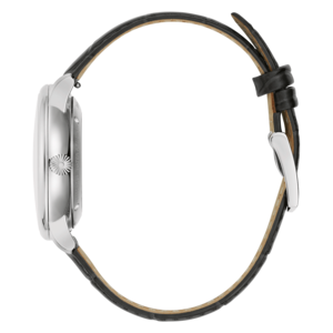 Uhr mit schwarzem Lederarmband, Seitenansicht, silbernes Gehäuse, elegantes Design
