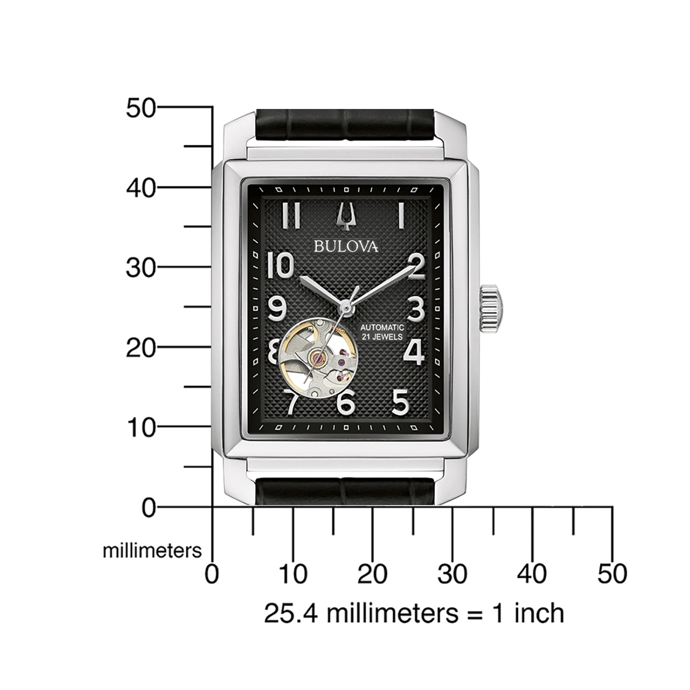 Bulova-Uhr mit schwarzem Zifferblatt, Automatikwerk und Lederarmband, rechteckig.