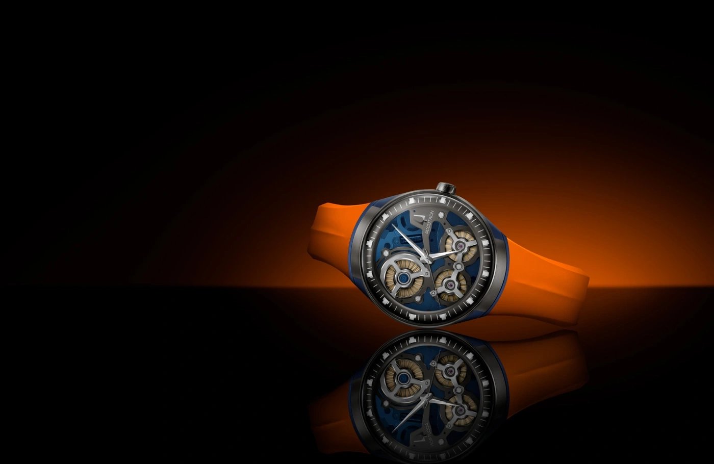 Uhr mit blauem Zifferblatt und orangefarbenem Armband auf schwarzem Hintergrund