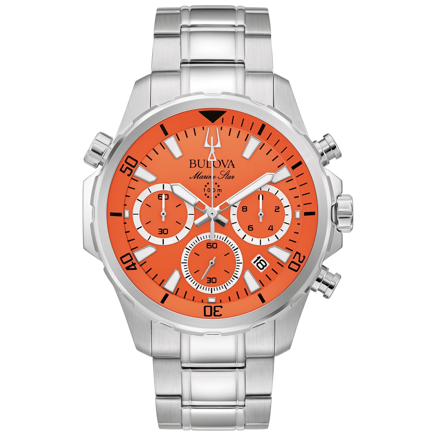 Bulova Marine Star Uhr mit orangefarbenem Zifferblatt und silbernem Armband.