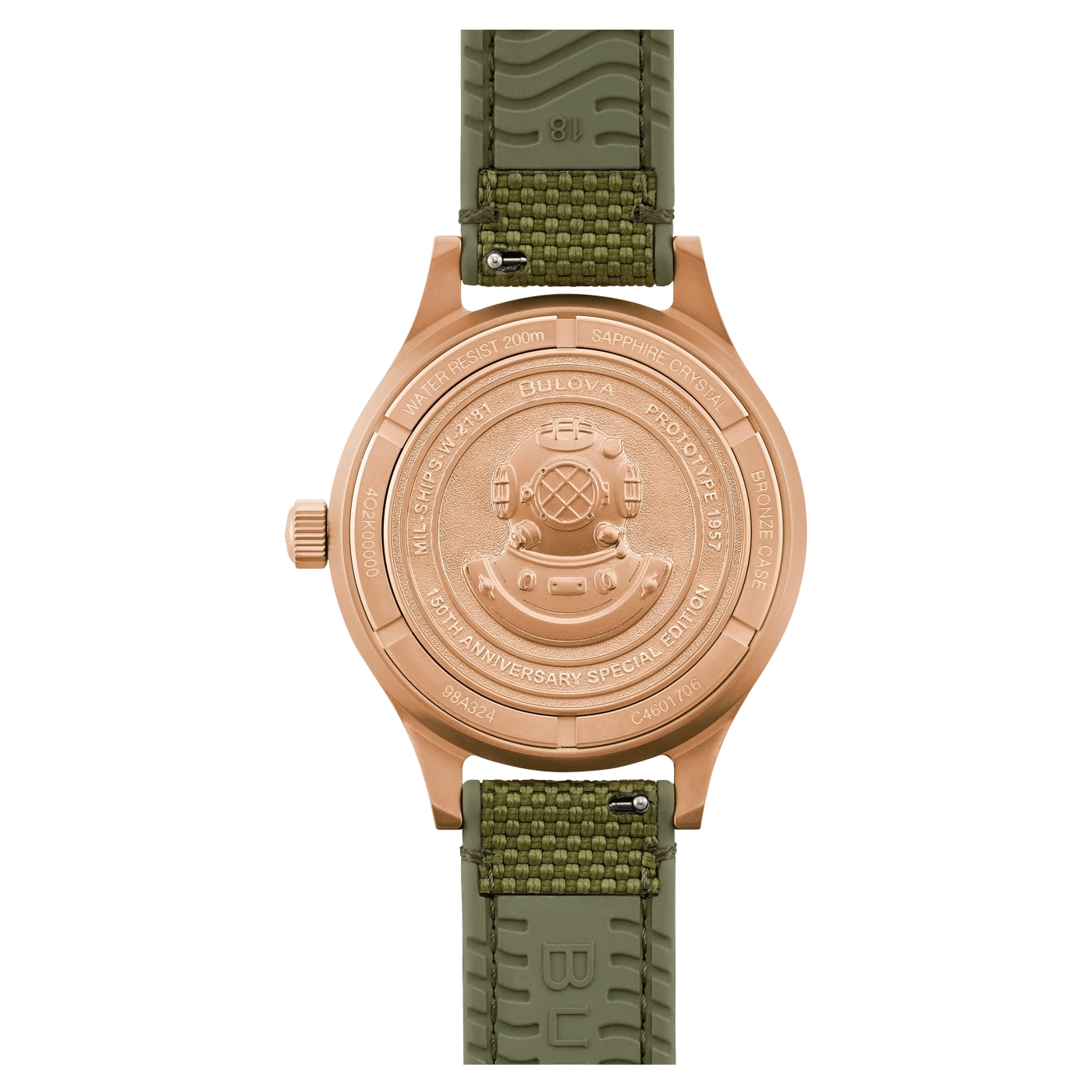 Bulova-Uhr, Bronzegehäuse, 150 Jahre Jubiläum, Wasserdichtigkeit 200m, Saphirglas, Militär-Design.