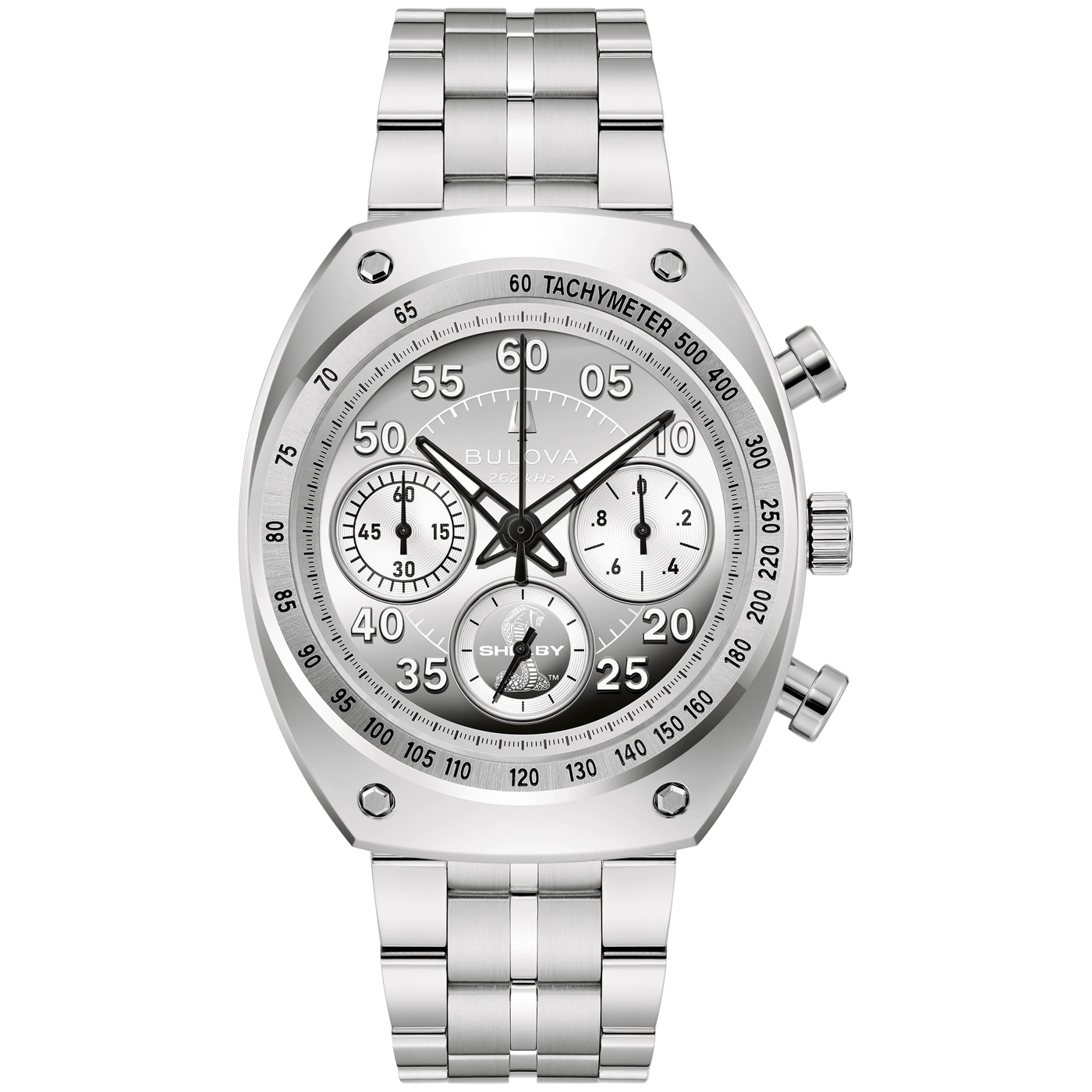 Silberne Bulova Chronograph-Uhr mit Metallarmband und Tachymeterskala.
