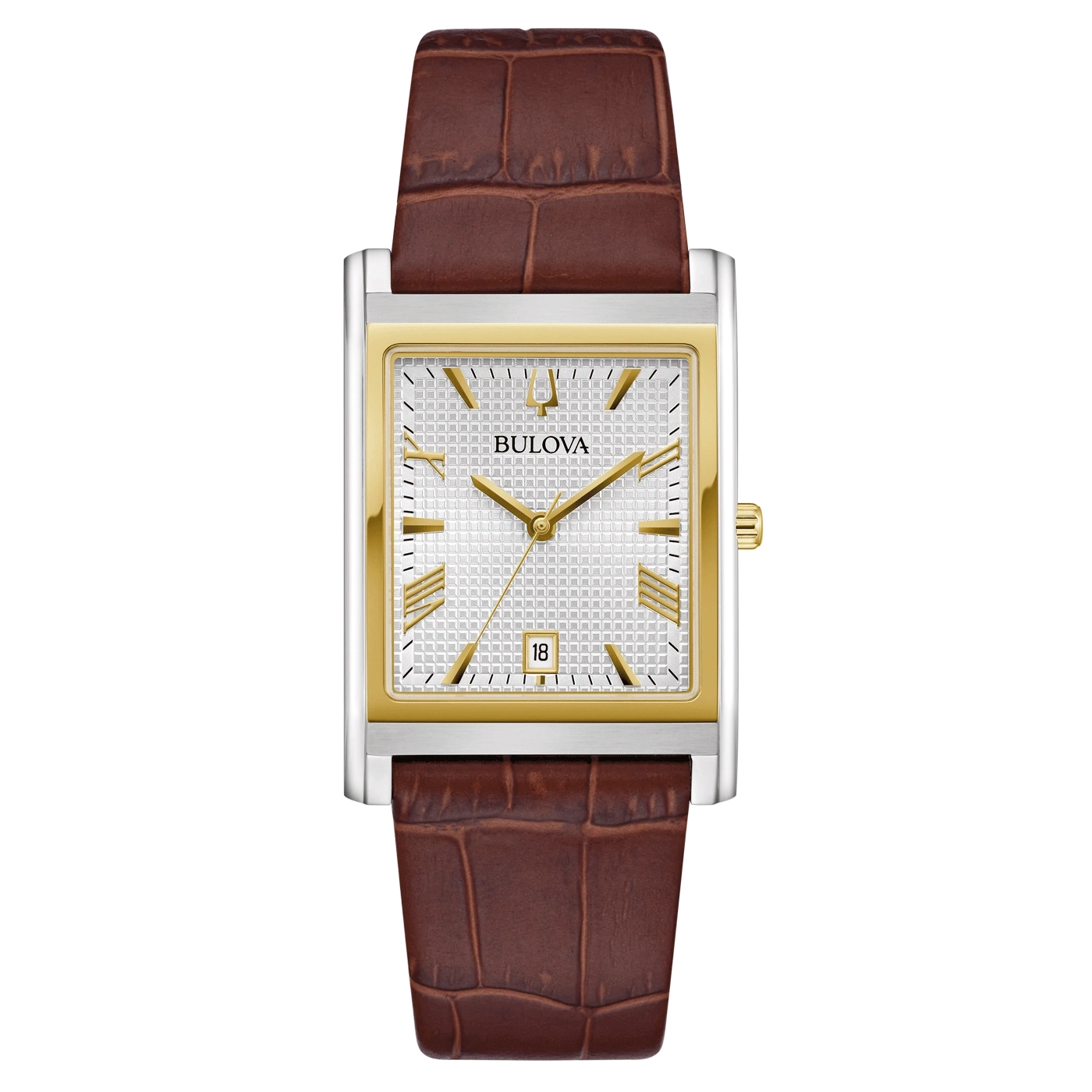 Bulova-Uhr mit braunem Lederarmband und goldenem Zifferblatt, rechteckig