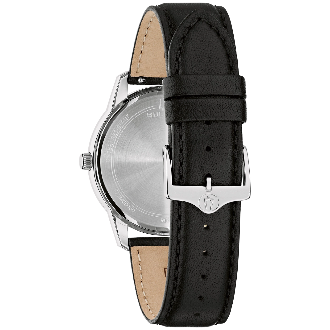 Rückseite einer schwarzen Lederarmbanduhr mit silbernem Verschluss