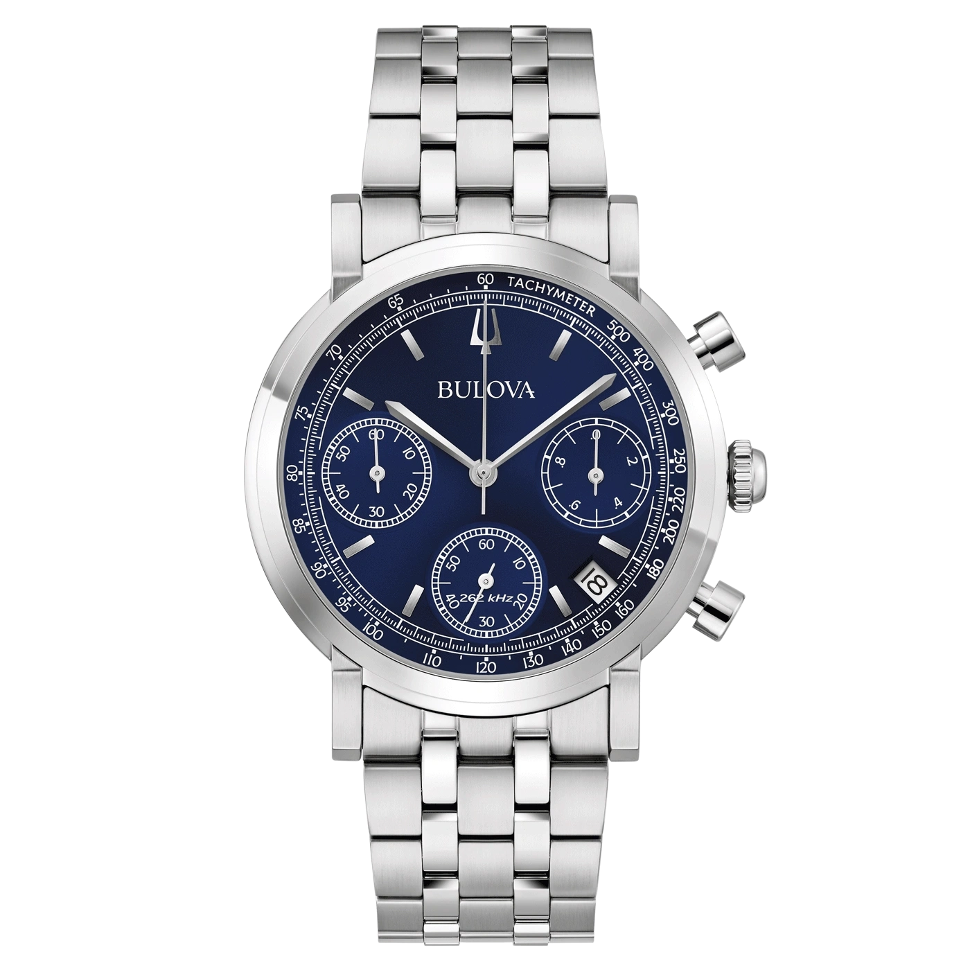 Bulova-Uhr mit blauem Zifferblatt und silbernem Armband, Chronograph-Funktion.