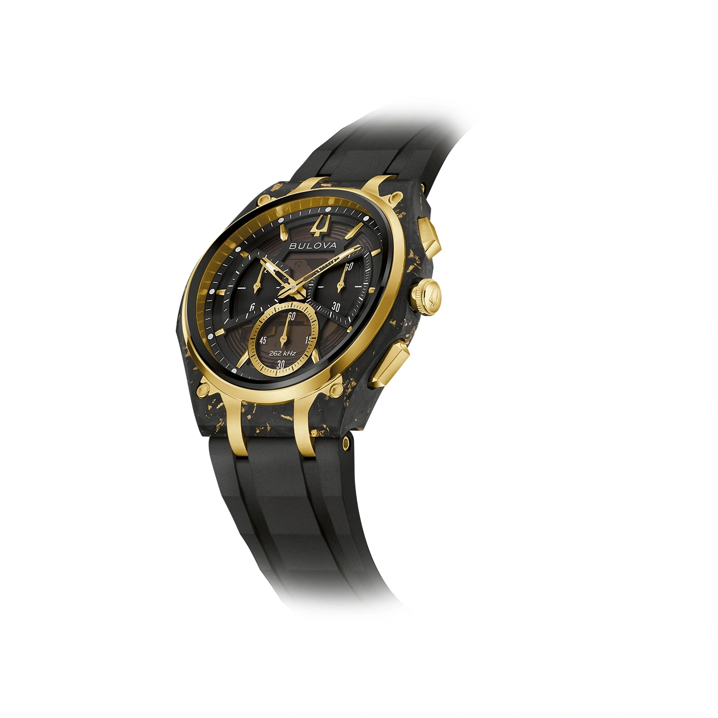Bulova-Uhr mit schwarzem Armband und goldenen Akzenten, Nahaufnahme