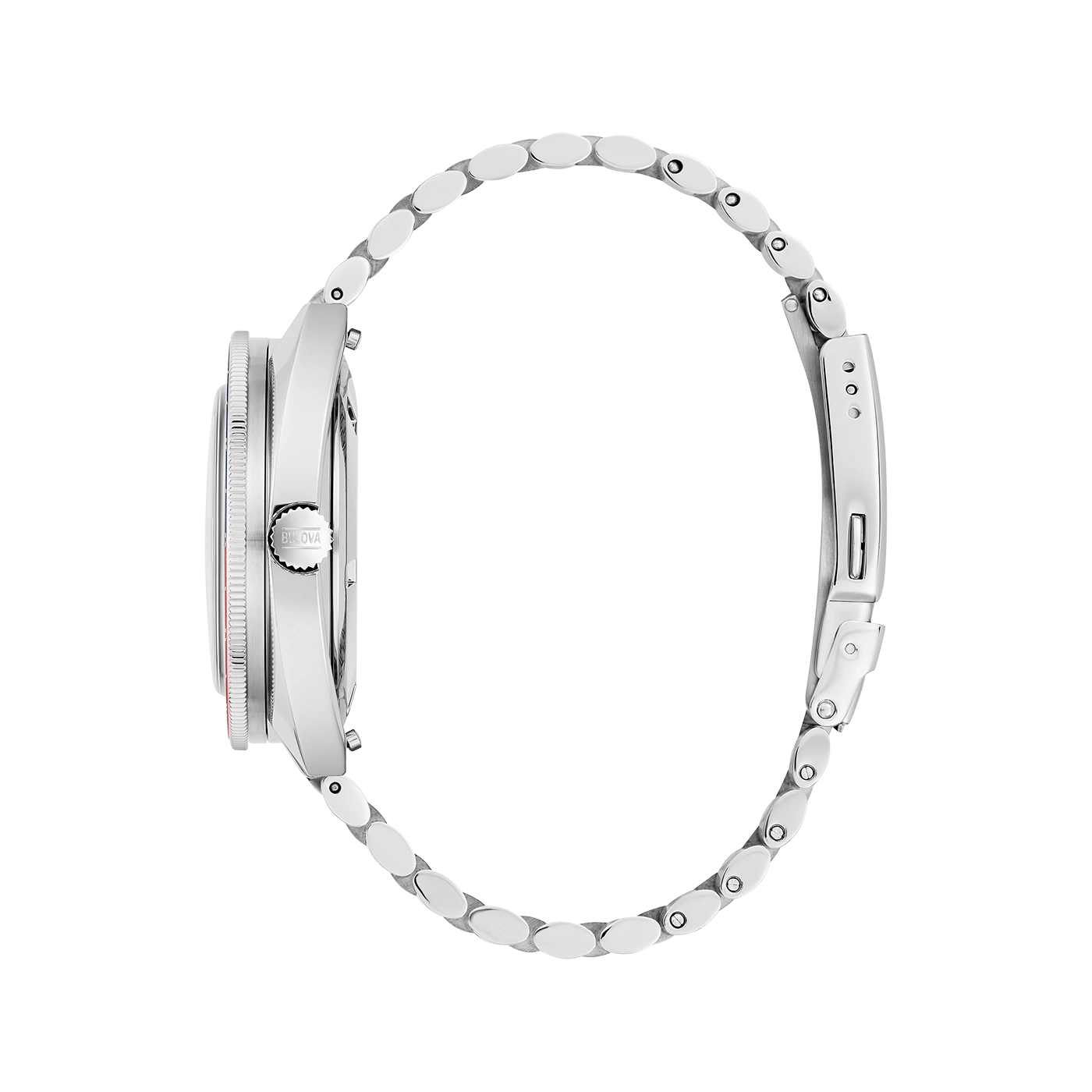 Bulova-Uhr, silbernes Armband, Seitenansicht, Detailaufnahme, elegantes Design, Accessoire