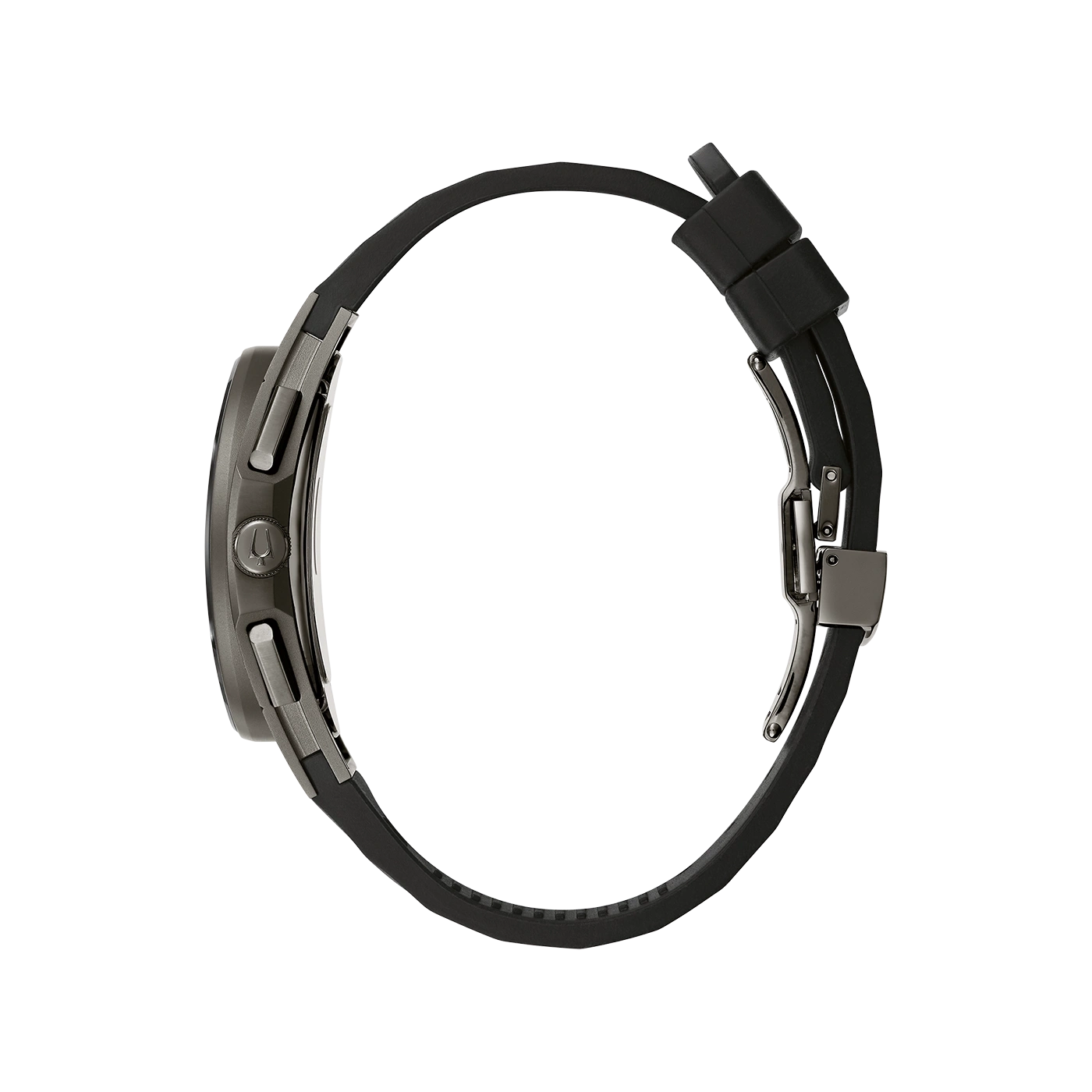 Schwarze Uhr mit schwarzem Armband, Seitenansicht, Detailaufnahme, modernes Design