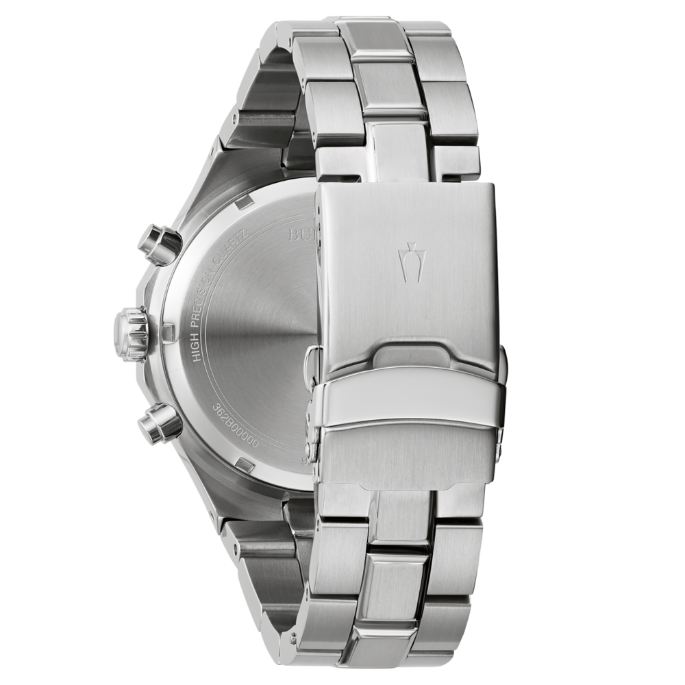 Rückseite einer silbernen Uhr mit Armband und Details.