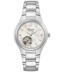 Bulova Automatikuhr mit Perlmutt-Zifferblatt und Diamanten, silberfarbenes Armband