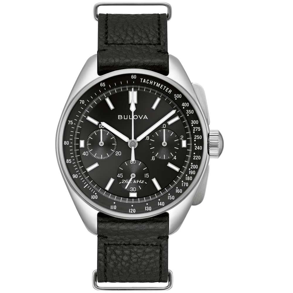 Schwarze Bulova-Uhr mit Lederarmband und Tachymeter-Funktion, 26 kHz.