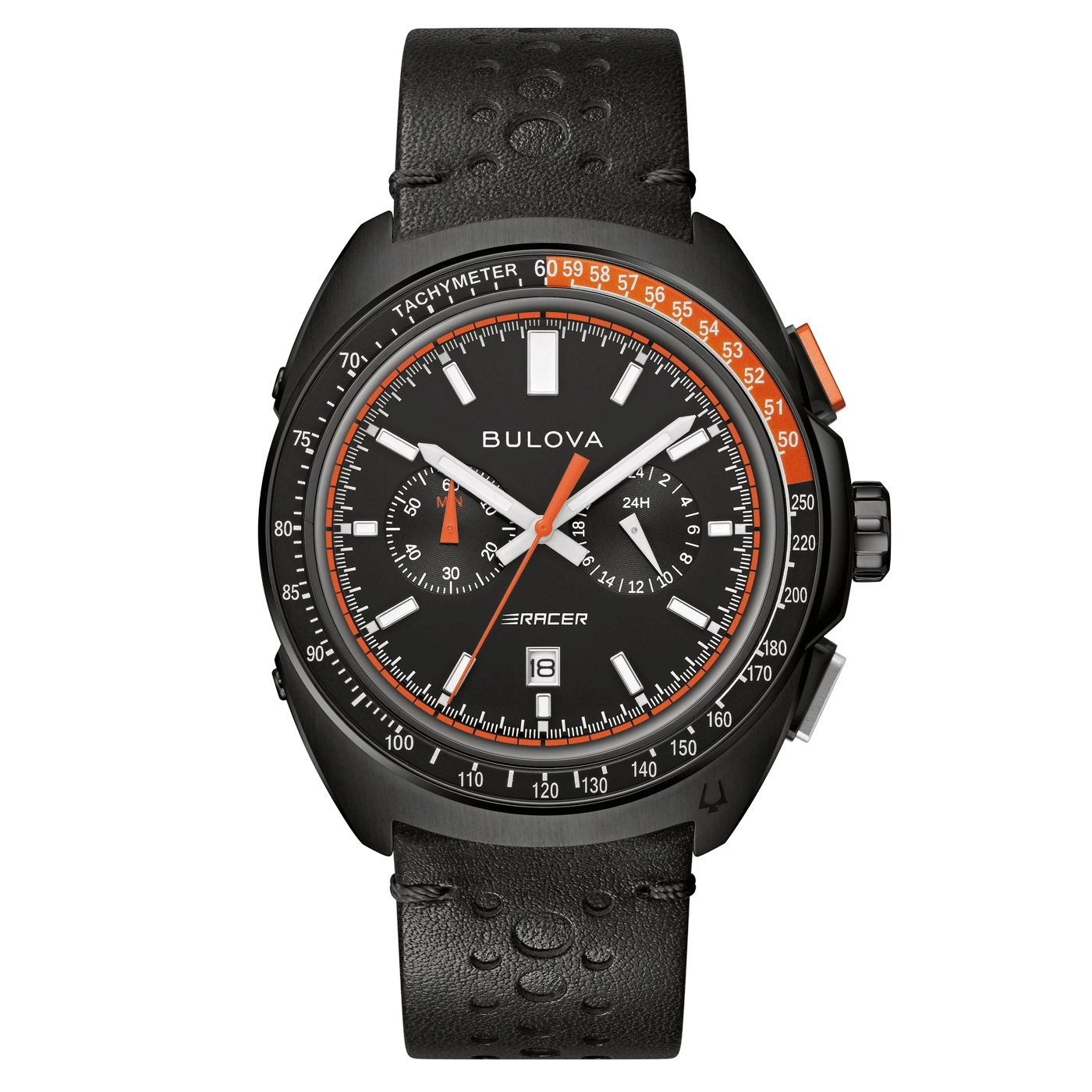 Schwarze Bulova-Uhr mit orangefarbenen Akzenten und Lederarmband, Tachymeter-Funktion.