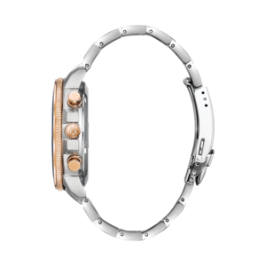 Uhr, silbernes Armband, roségoldfarbene Details, Seitenansicht, elegantes Design.