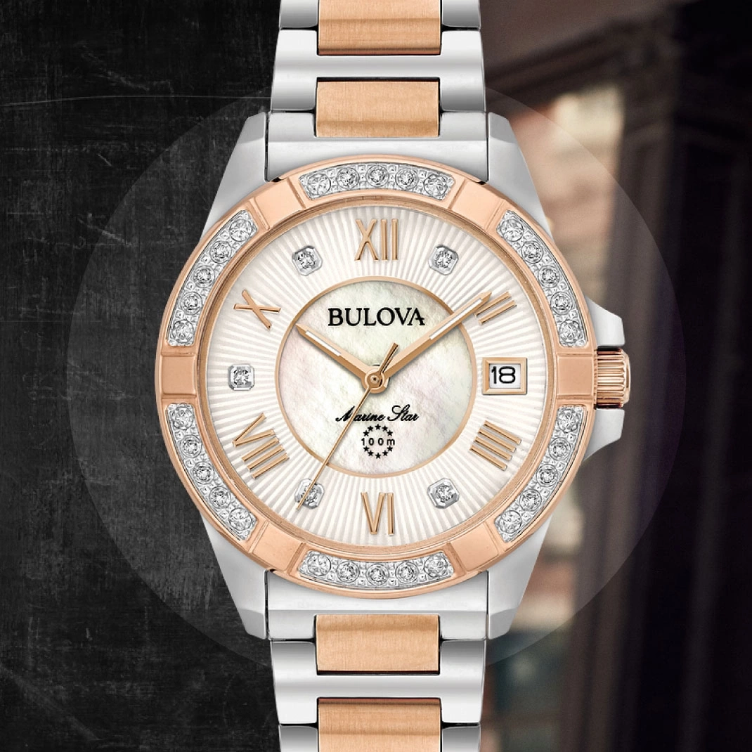 Bulova Marine Star Damenuhr mit Roségold und Diamanten